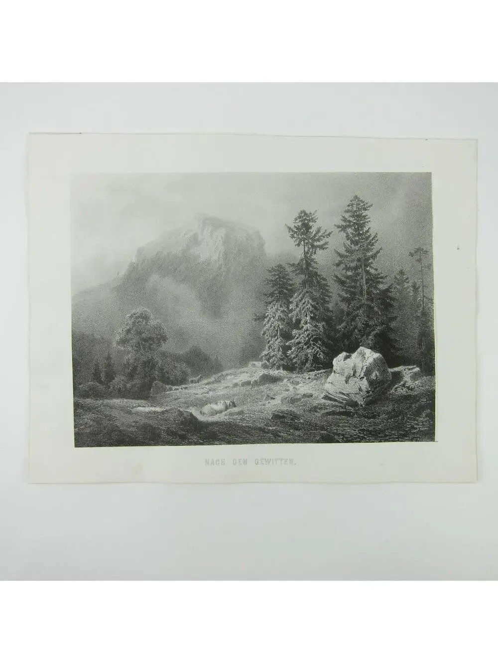 Antique Print Landscape After the Thunderstorm Cattle Cows Mountains Antique